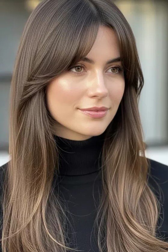 Long Straight Hair with Long Face-Framing Curtain Bangs
