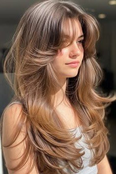 Long Voluminous Layered Hair with Curtain Bangs