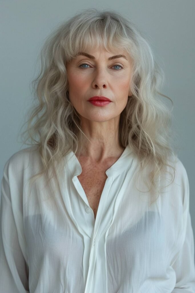 Long Wavy Silver Hair with Soft Full Bangs