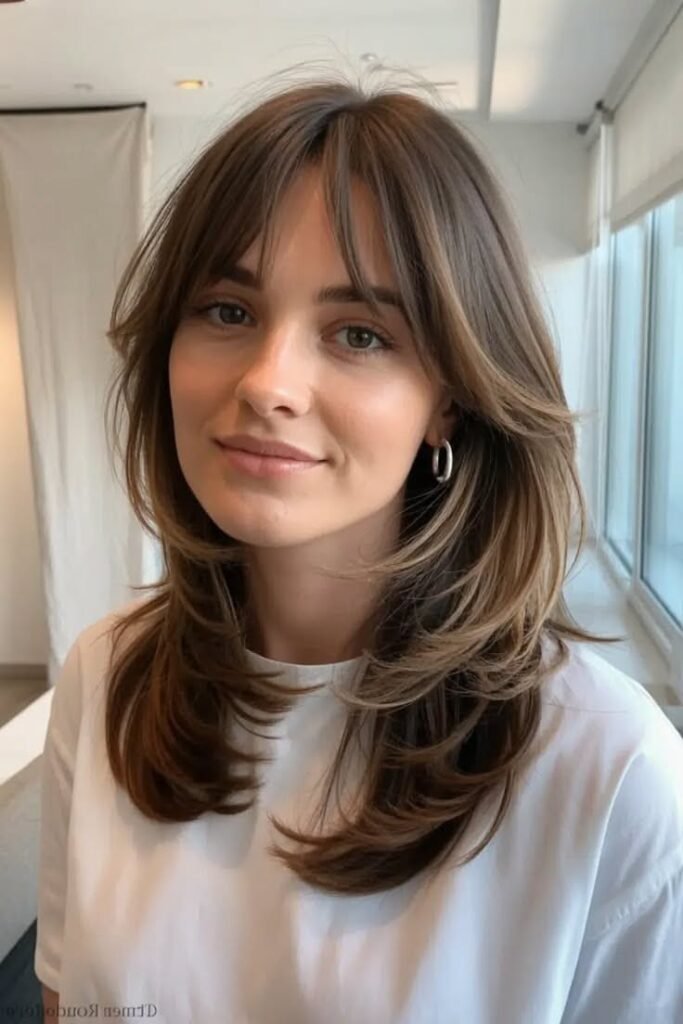 Medium Layered Brunette Hair with Curtain Bangs