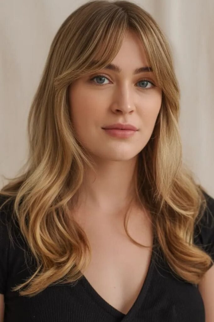 Medium Layered Hair with Soft Side-Swept Curtain Bangs