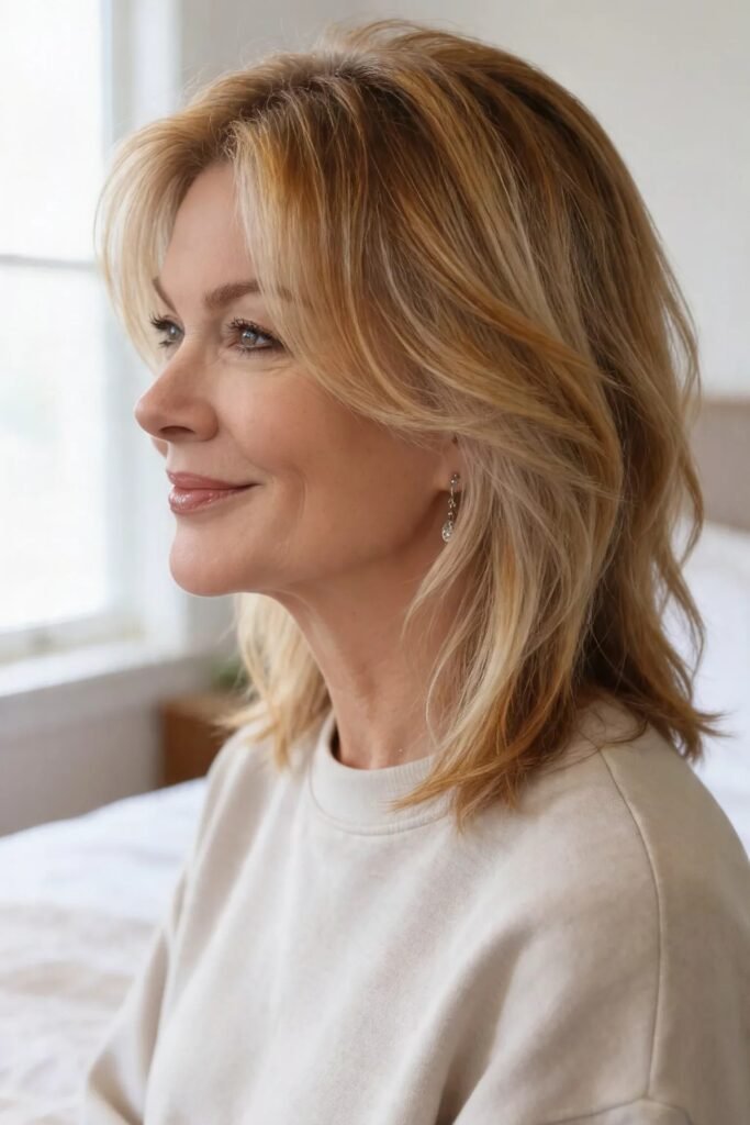 Medium-Length Layered Hair with Face-Framing Curtain Bangs