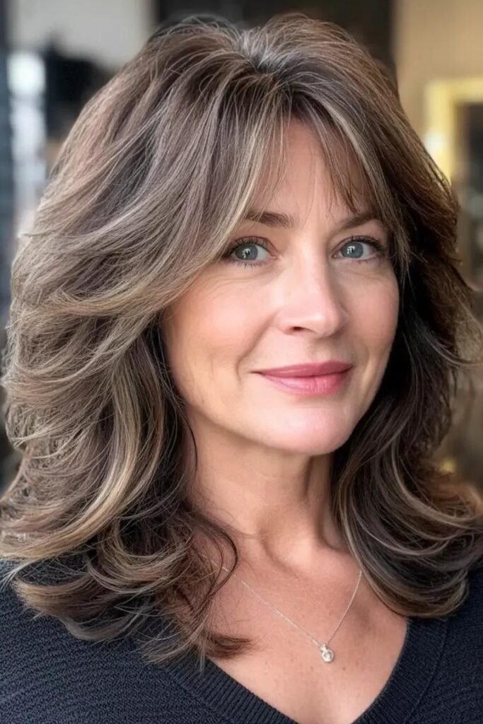 Medium-Length Layered Hairstyle with Highlights and Curtain Bangs