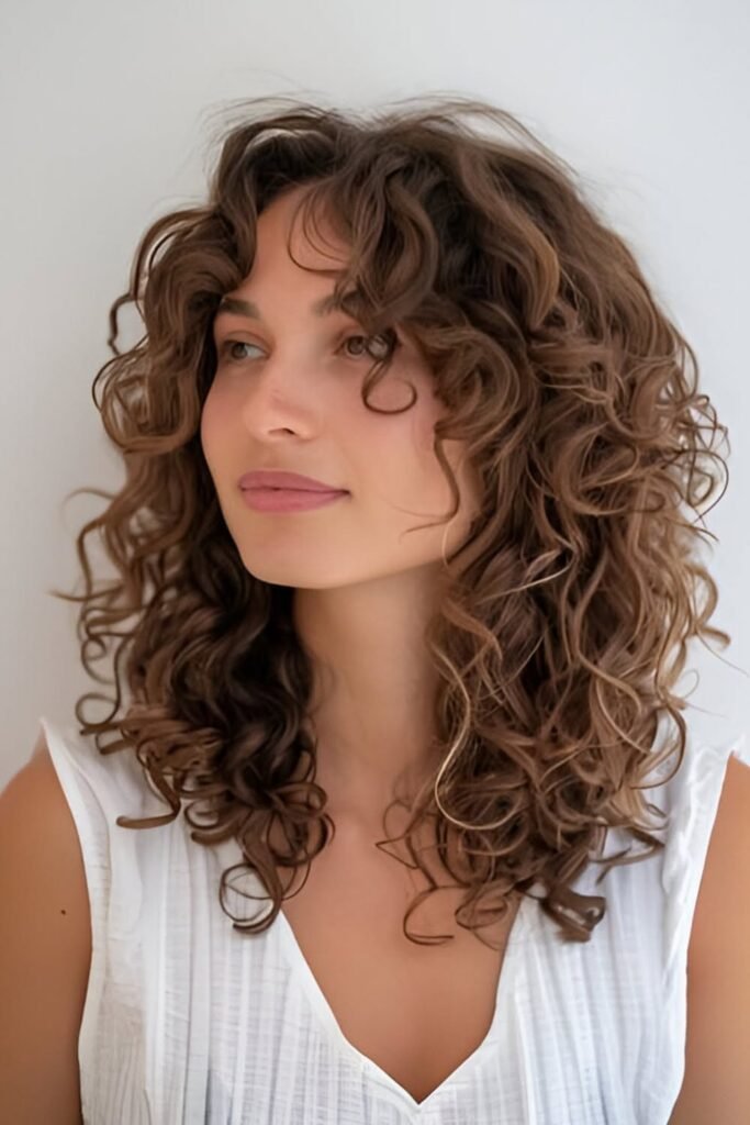 Medium-Length Shaggy Curls with Soft Curtain Bangs