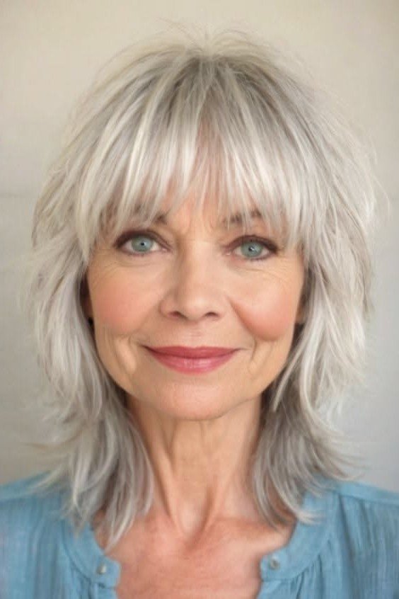 Medium Shaggy Layered Hair with Wispy Bangs