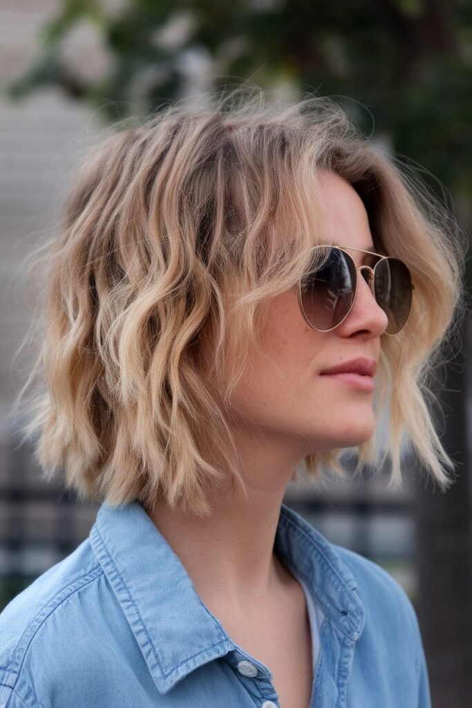 Messy Beach-Wave Bob with Side-Swept Bangs