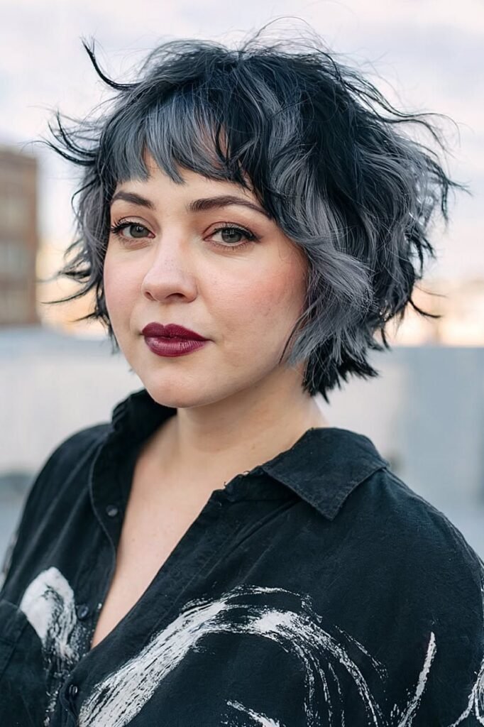 Messy Dark Grey Bob with Short Bangs