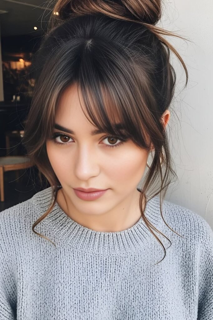 Messy High Bun with Face-Framing Curtain Bangs