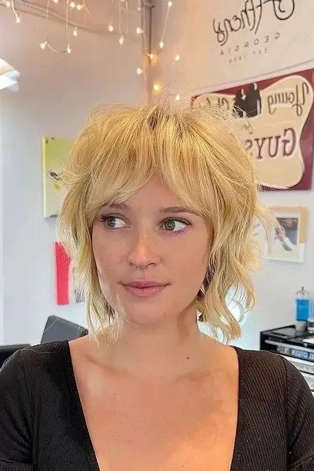 Messy Layered Blonde Bob with Curtain Bangs