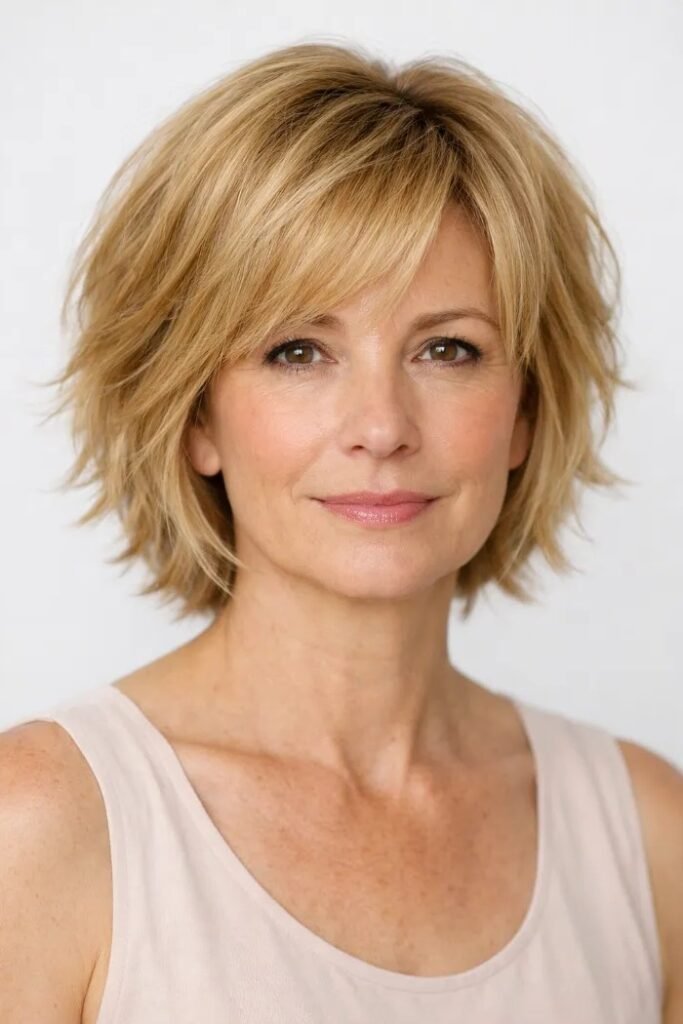Messy Layered Blonde Bob with Curtain Bangs