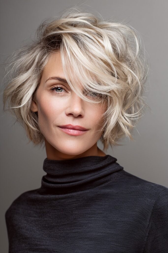 Messy Layered Blonde Bob with Voluminous Side Part