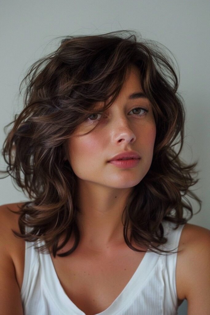 Messy Layered Lob with Side-Swept Bangs