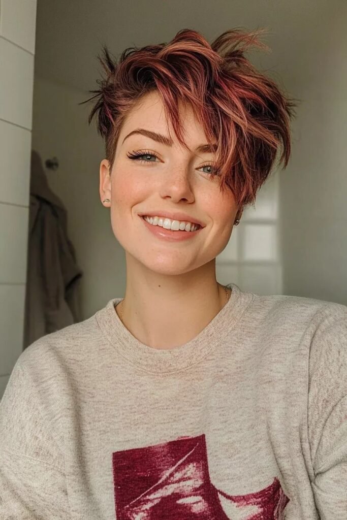 Messy Layered Pixie Cut with Magenta Highlights