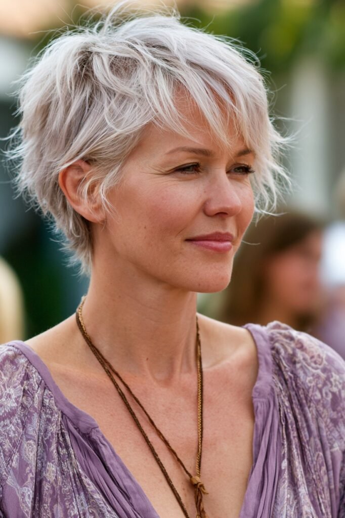 Messy Layered Silver Pixie with Voluminous Texture