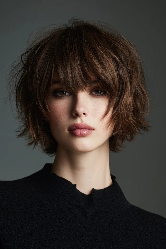 Messy Shaggy Brunette Bob with Full Bangs