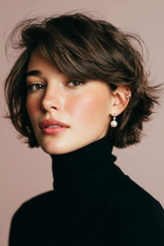 Messy Short Bob with Soft Waves and Curtain Fringe