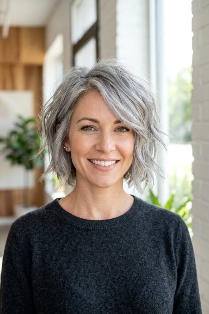 Messy Silver Bob with Soft Waves