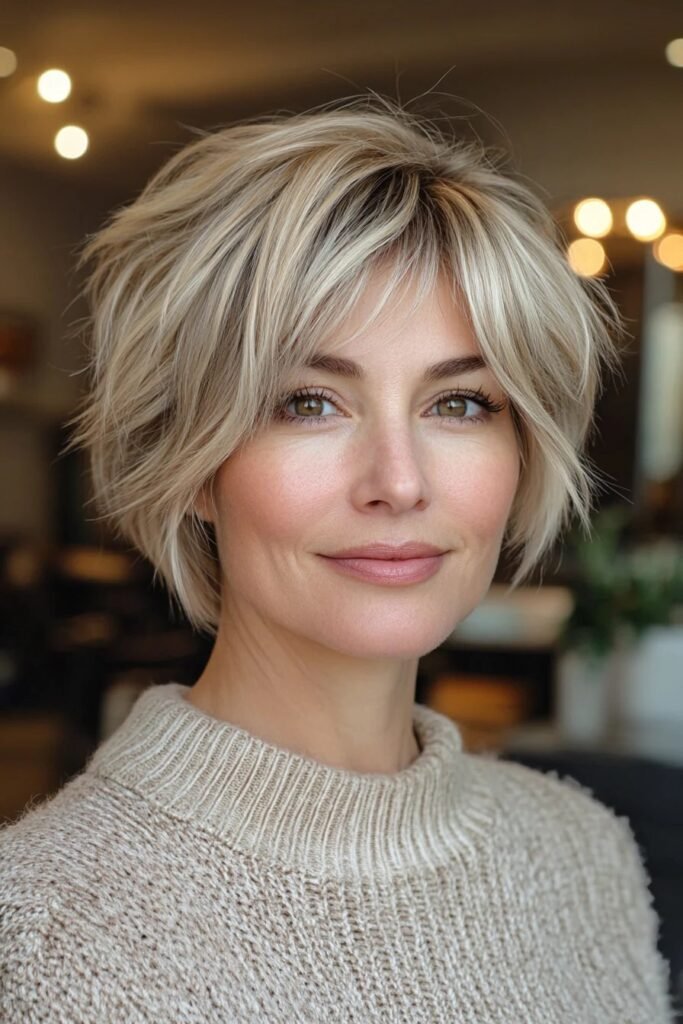 Messy Textured Blonde Bob with Wispy Bangs