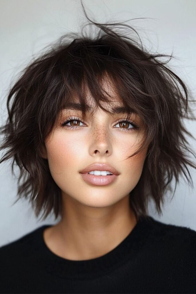  Messy Textured Bob with Full Bangs and Warm Undertones