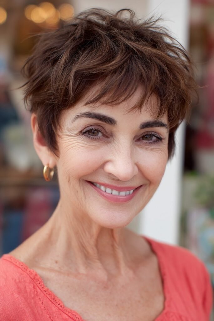 Messy Textured Brown Pixie with Soft Bangs