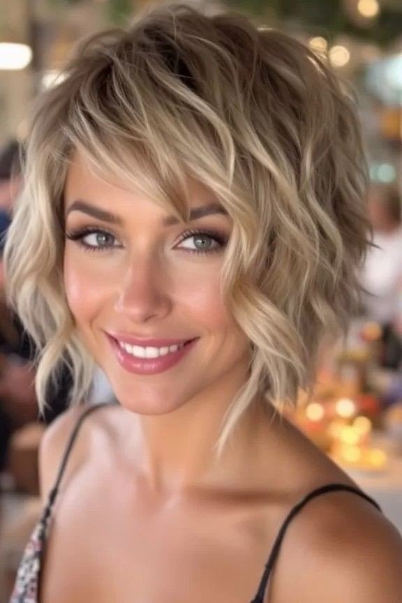 Messy Wavy Bob with Side Bangs