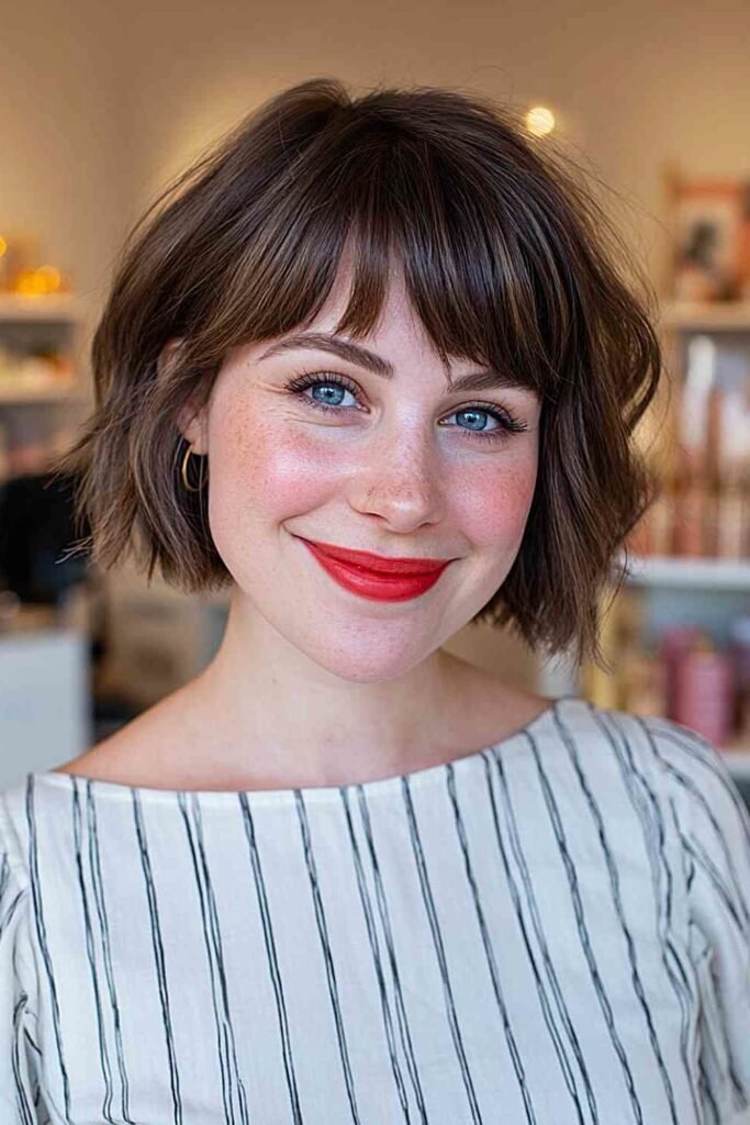 Messy Wavy Brunette Bob with Soft Bangs