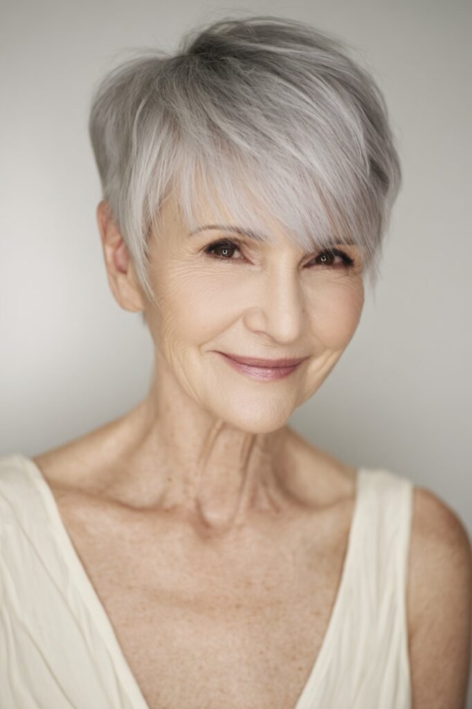 Modern Silver Pixie with Side-Swept Bangs