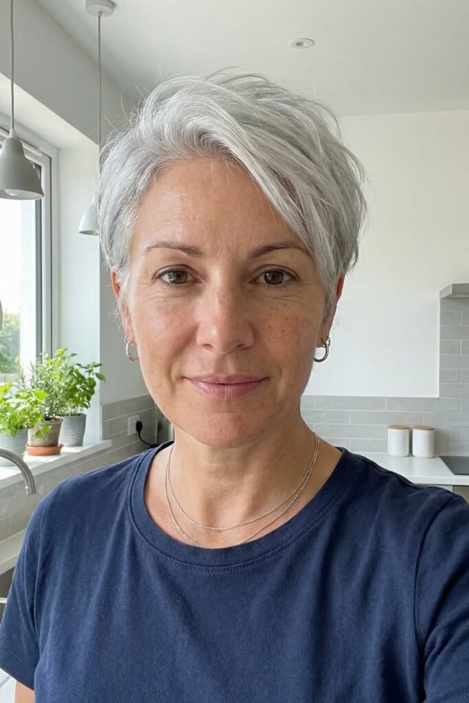 Natural Silver Pixie with Side-Swept Fringe