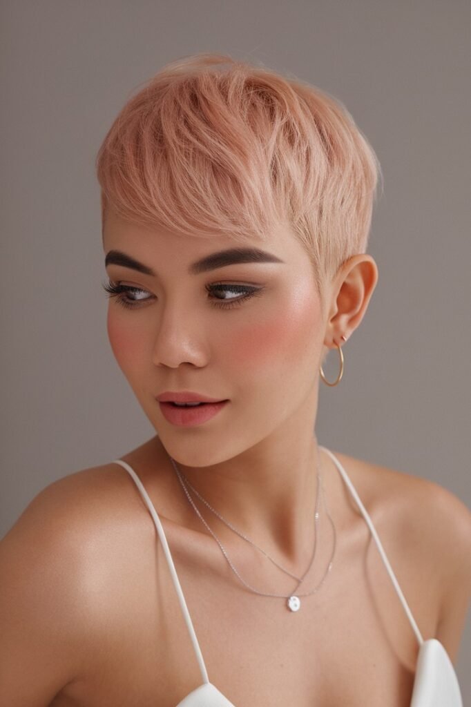 Pastel Peach Pixie Cut with Soft Texture