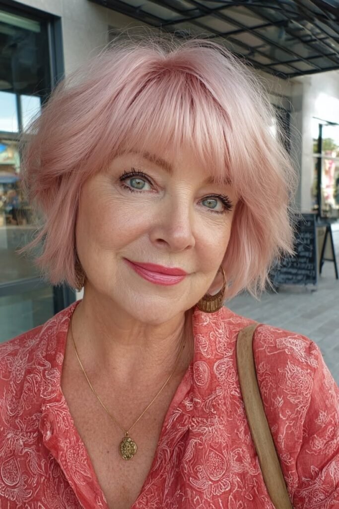 Pastel Pink Soft Bob with Full Straight Bangs