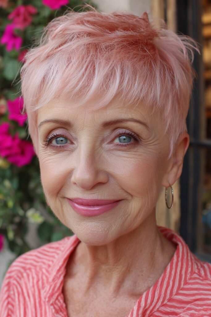 Pastel Pink Textured Pixie with Soft Bangs