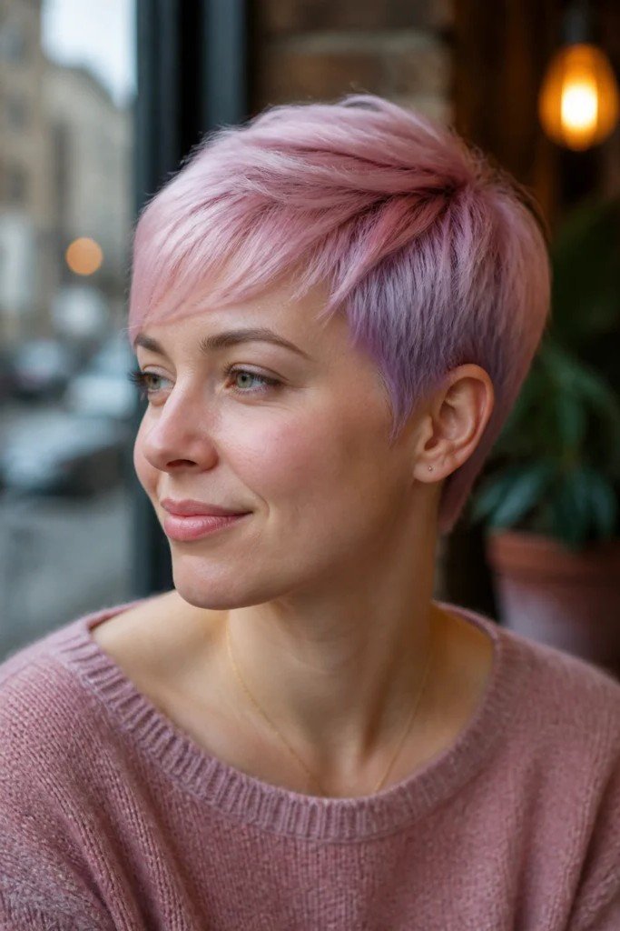 Pastel Pink and Lavender Pixie Cut with Side-Swept Fringe