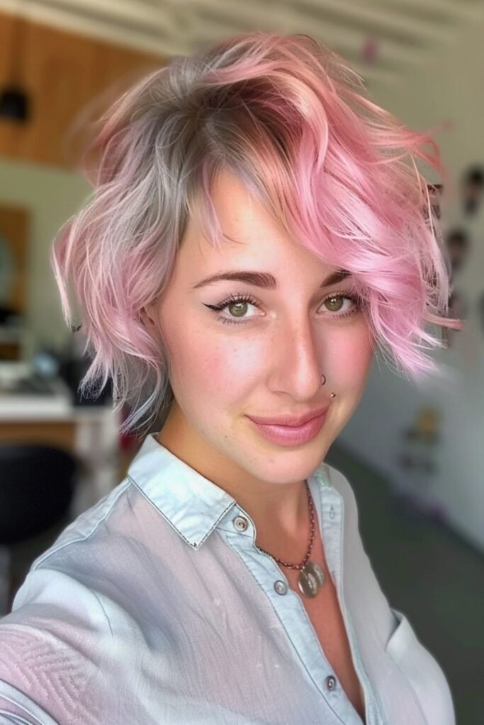 Pastel Pink and Silver Shaggy Cut with Side-Swept Bangs