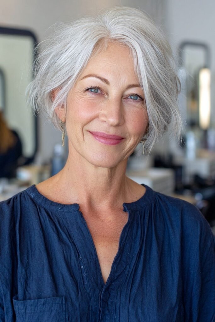 Piecey Silver Bob with Side-Swept Bangs