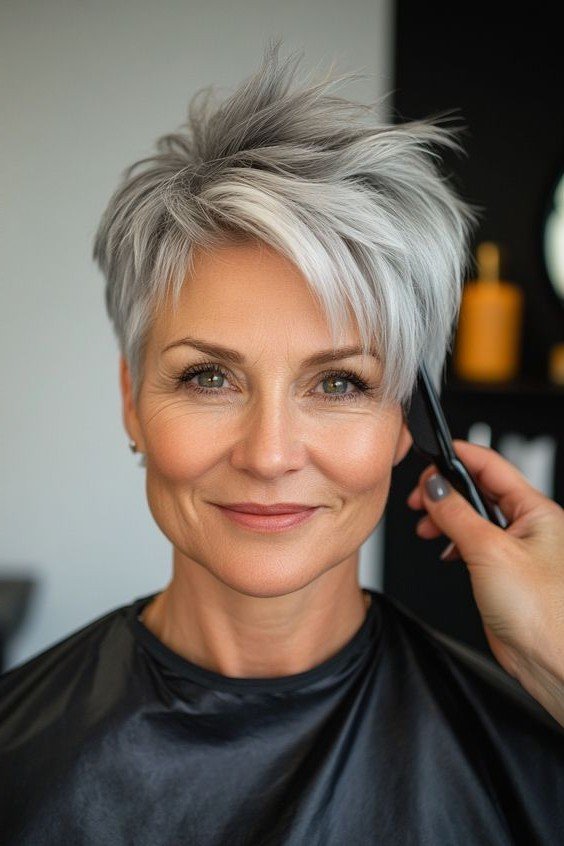 Piecey Silver Pixie Cut with Forward-Swept Fringe