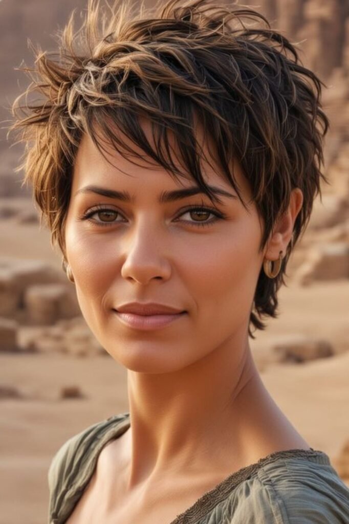 Piecey Textured Brunette Pixie with Soft Bangs