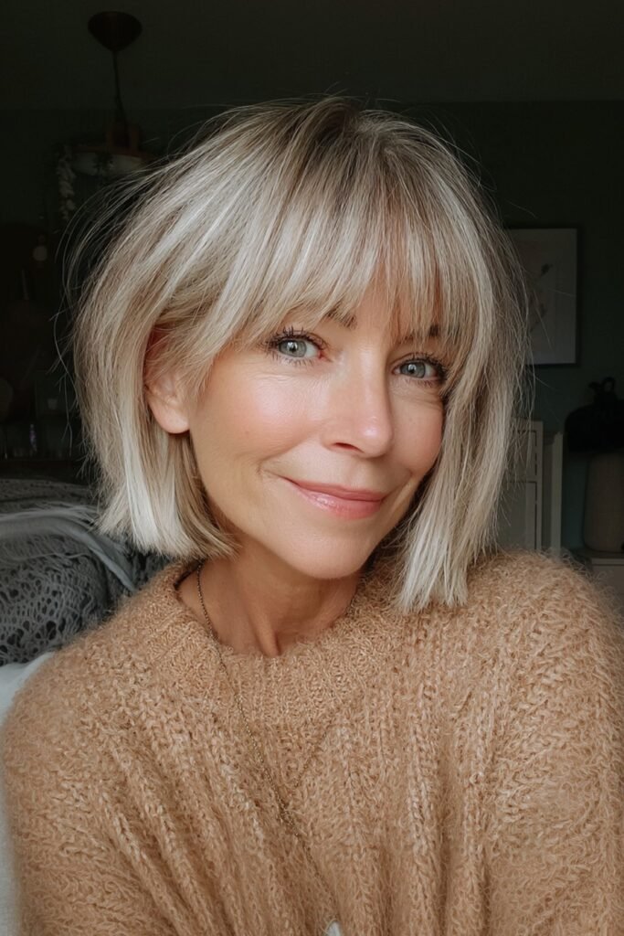 Platinum Blonde Choppy Bob with Wispy Bangs
