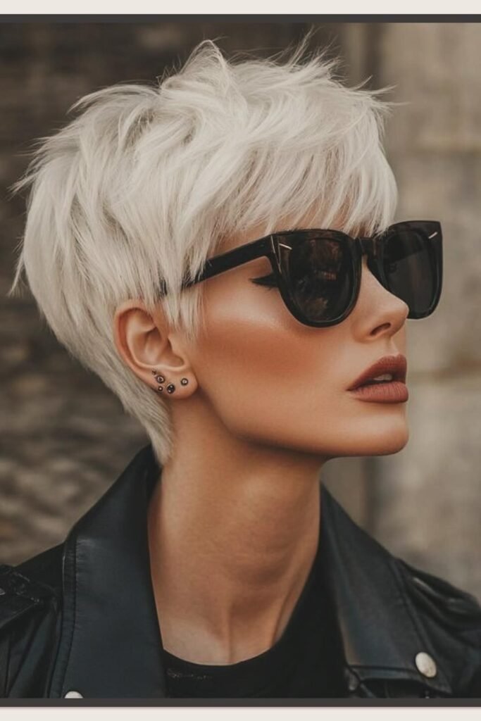 Platinum Blonde Messy Textured Pixie Cut with Sunglasses
