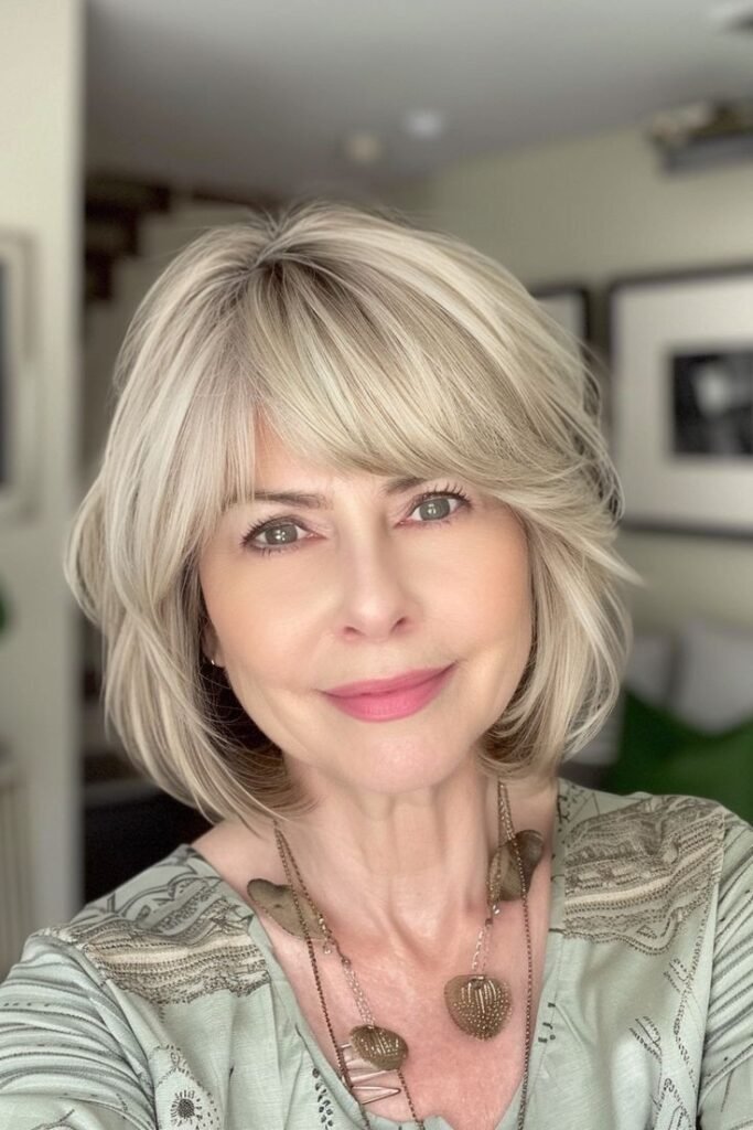 Platinum Blonde Rounded Bob with Side-Swept Fringe