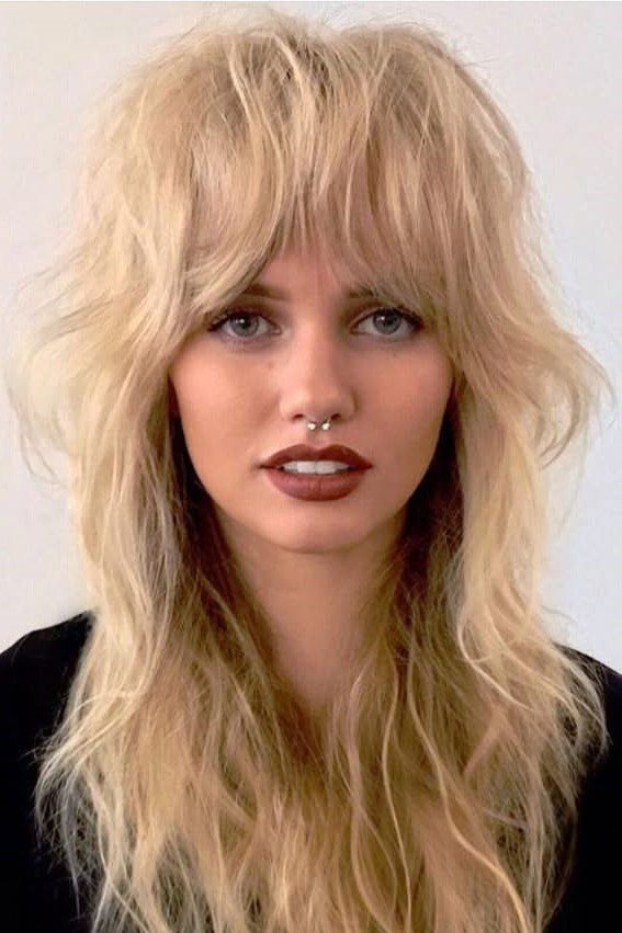 Platinum Blonde Shag with Center Parted Fringe