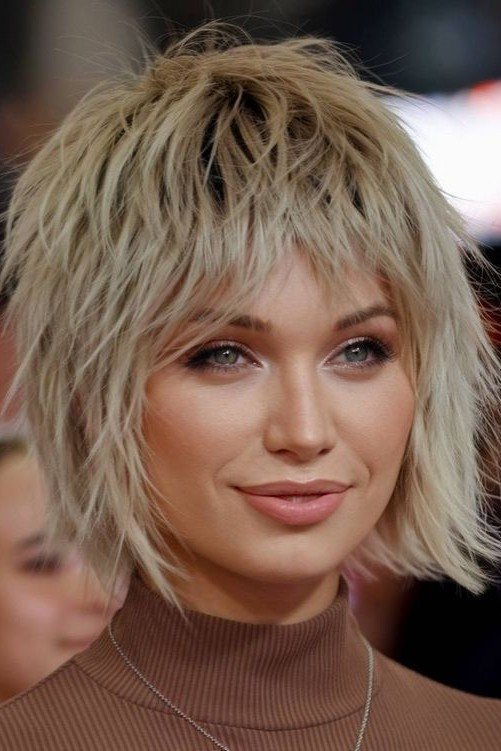 Platinum Blonde Shaggy Bob with Bangs