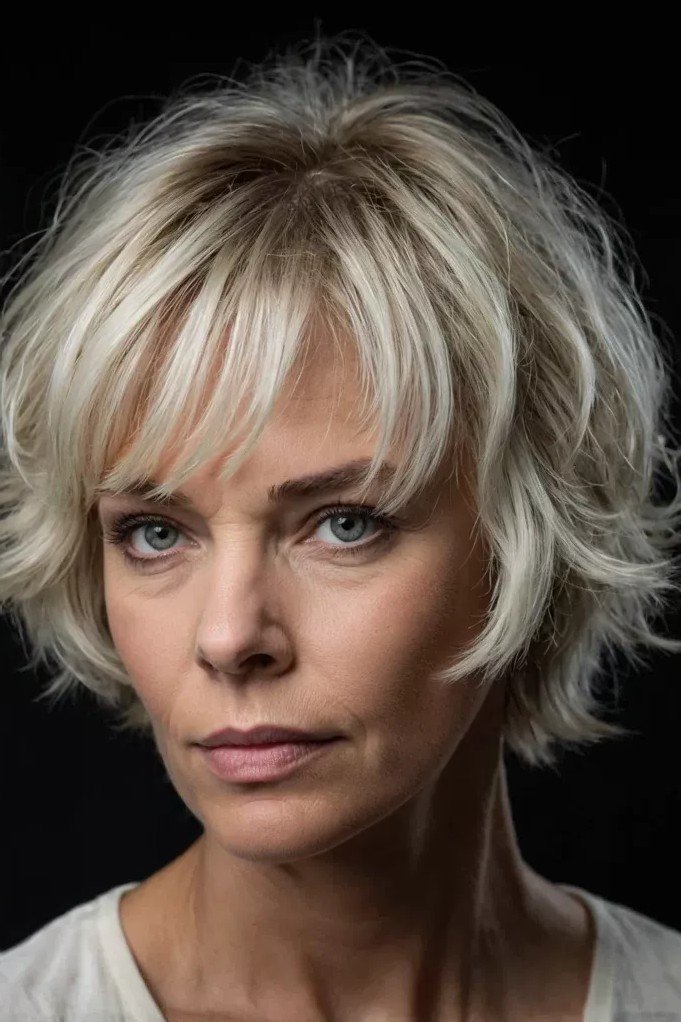 Platinum Blonde Shaggy Bob with Soft Curtain Bangs