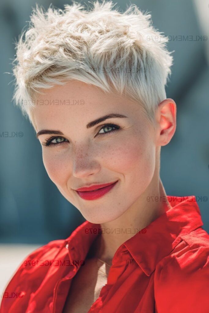 Platinum Blonde Spiked Pixie Crop with Bright Red Shirt