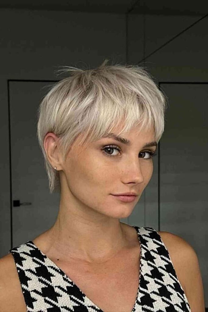 Platinum Blonde Textured Pixie with Micro Bangs