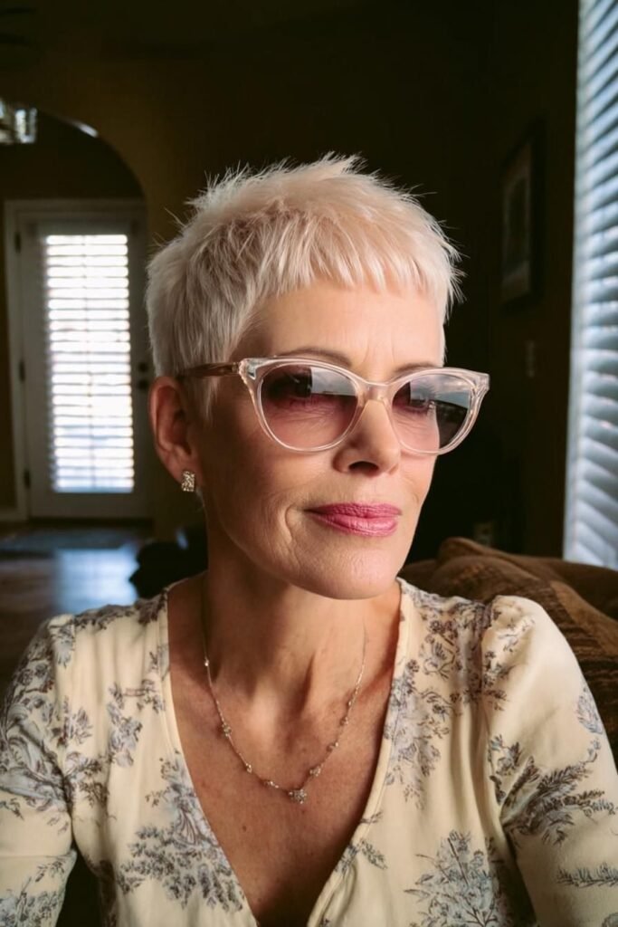 Platinum Blonde Textured Pixie with Short Fringe