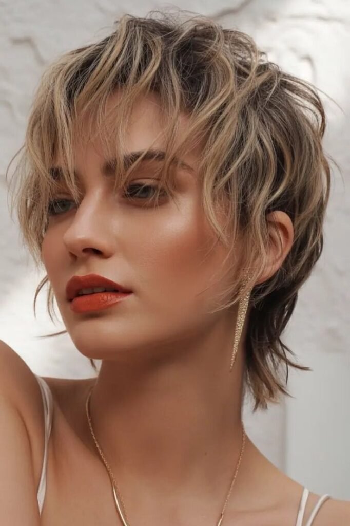 Platinum Blonde Textured Shag with Side-Swept Layers