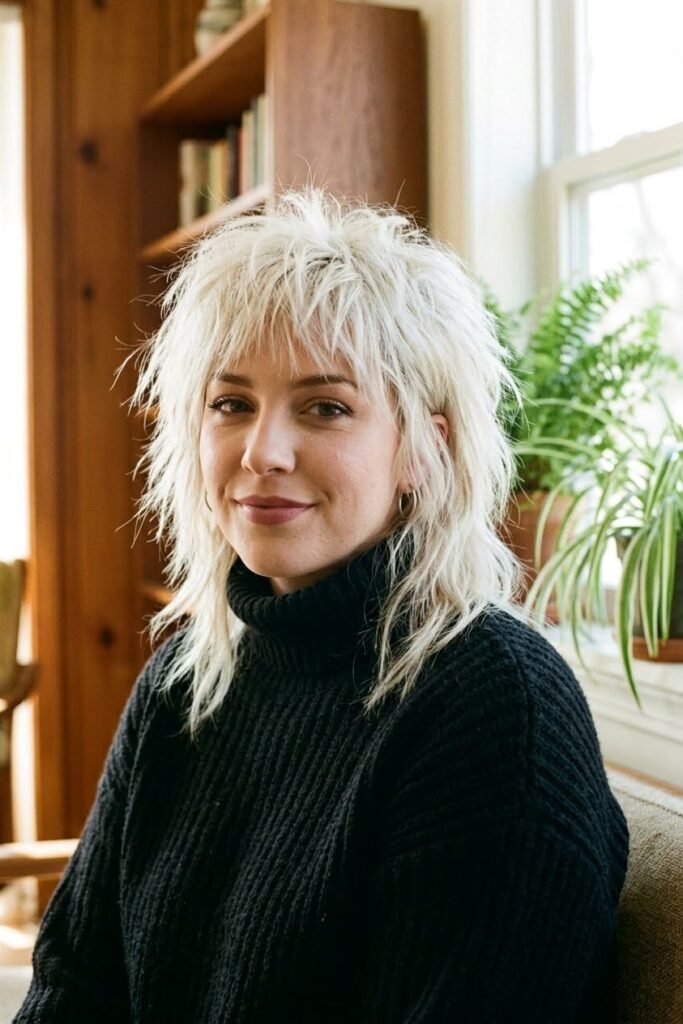 Platinum White Shaggy Mullet with Textured Bangs