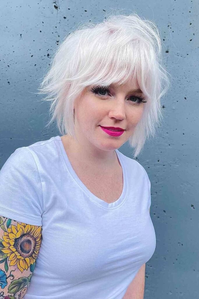 Platinum White Textured Shaggy Bob with Bangs