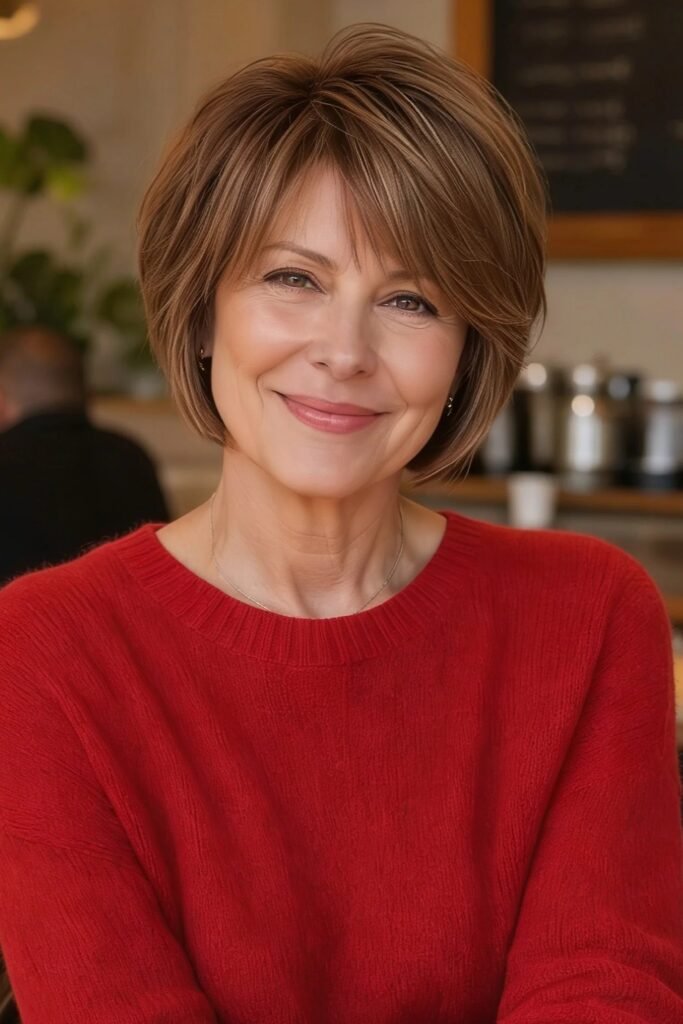 Polished Brunette Bob with Side-Swept Fringe