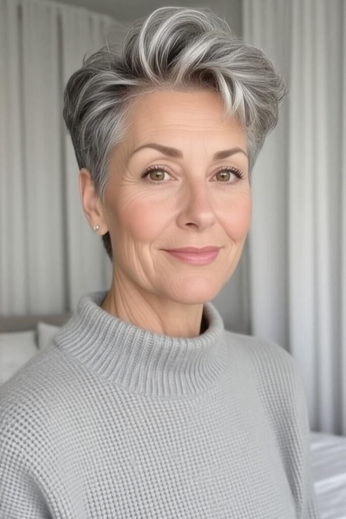 Polished Grey Pixie with Side-Swept Volume